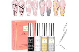 YSUVIN Esmalte Semipermanente de Uñas Liner en Gel UV LED, 4 Colores Negro Blanco Plata Pintado Pintauñas gel liner, 8ML Esmaltes de gel de uñas