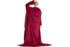 Bedsure Kocyk z rękawami czerwony kocyk przytulanki z rękawami 170x200 cm, kocyk dresowy z rękawami dla dorosłych, kocyk na całe ciało z rękawami, miękki jak kocyk TV