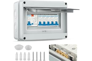 LUQIXCEY Consumer Unit Circuit Breaker - 4 Way With 63A 30mA RCD 4MCB 6A+10A+20A+32A, IP65 Anti-Leakage Fuse Box, Protective Plastic Shield for Outbuildings Garage