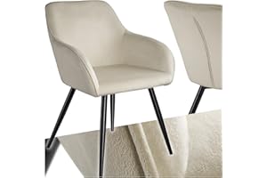 ‎TECTAKE tectake® moderner Esszimmer Stuhl mit Armlehnen, Sitzfläche aus Samt, Armlehnstuhl, Sessel Wohnzimmer, gepolsterter Bürostuhl mit schwarzen Metallbeinen, Schminktisch Stuhl - Creme/schwarz
