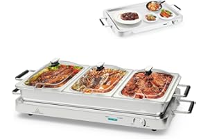 SOARS Scaldavivande Elettrico per Buffet 9L 450 W, Vassoio Scalda Vivande in Acciaio Inox con 3 Contenitori & Coperchi, Borsa, Temperatura 50-150℃, per Feste, Matrimoni, Ristoranti