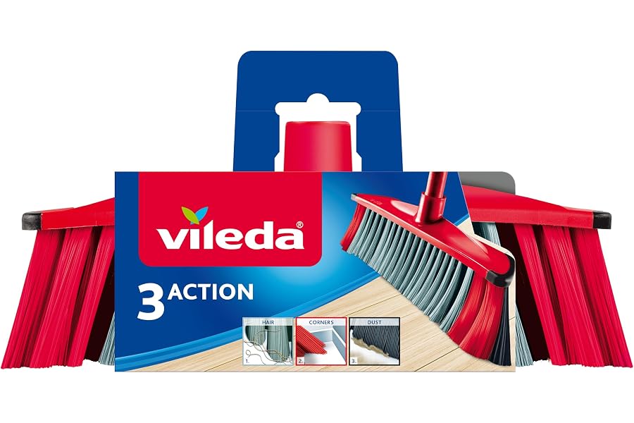 Vileda Cabezal de Escoba para Interiores 3 Action - Apto para Todo Tipo de Suelos Duros - Color Rojo y Negro
