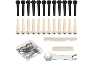 PTWOLA 24 Pcs Acoustic Guitar Bridge Pins String Pegs Guitar Bridge Saddle Nut with 3-in-1 Guitar String Winder & Cutter Parts Accessories Puller Remover Replacement Tools Kits