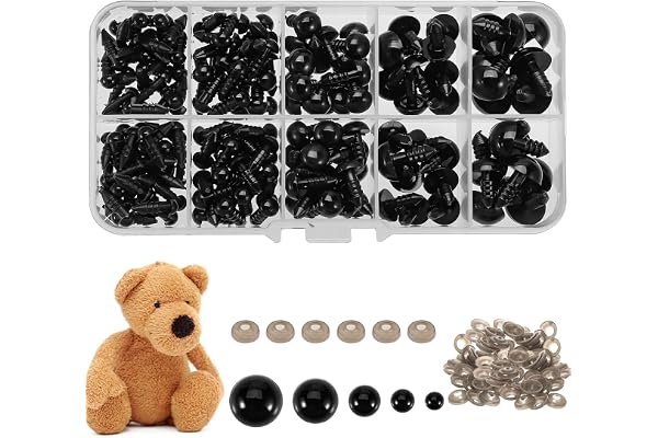 200 Pcs Yeux de Sécurité, 5-12mm Yeux de Poupée avec Rondelles Yeux en Plastique Animaux en Peluche Rembourrage Amigurumis pour Crochet Artisanat
