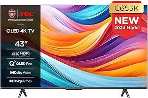 TCL 43C655K 43-inch QLED Pro Television, 4K Ultra HD, HDR Pro, Smart TV Powered by Android TV (Dolby Vision & Atmos, Motion Clarity, Hands-Free Voice Control, Compatible with Google assistant & Alexa)