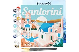 Figured'Art Mini Peinture par Numéro Adulte 20x20cm avec cadre Lever de Soleil à Santorin - Petit Format Kit de Loisir Créatif DIY Numéro d'Art Complet
