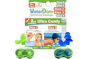 WaterDam Tappi per le orecchie da nuoto, impermeabili, ultra comodi, per prevenire l'orecchio del nuotatore (taglia 2+3: piccolo orecchio medio da uomo (verde) medio grande e donne (blu))