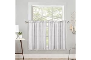 LuxFocus Zazdrostki z frędzlami, w stylu dworkowym, w paski, przezroczyste, o wyglądzie lnu, zasłona okienna, ze ściągaczem tunelowym, do kuchni, szara, 2 sztuki, szer. x wys. 66 x 91 cm