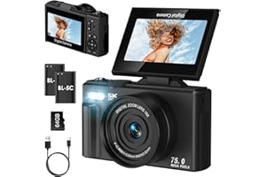 Digital Camera, LAMA 5K 75MP Autofocus Vlogging Camera with 64G SD Card, Compact Camera with 3.0 Inch 180° Flip Screen, 18X Digital Zoom Cameras for Kids, Teenagers, Beginners, Adults Black