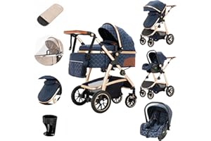 Zkiprm Cochecito 3 en 1 con asiento de coche para cochecitos y cochecitos de coche compacto, portátil, apoyabrazos ajustables, protección contra golpes, marco de aluminio Azul