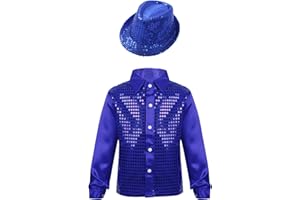 inhzoy Enfant Garçon Fille Chemise Paillette avec Chapeau Sequins Brillant Costume Danse Moderne Jazz Vêtements Danse Hip-hop Disco Performance Déguisement 4-14 Ans