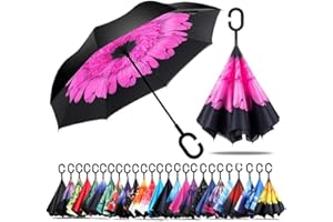 Jooayou Double Layer Inverted Umbrella, C Shape Handle Reverse Folding Umbrella, Anti-UV Windproof Travel Umbrella with Carrying Bag
