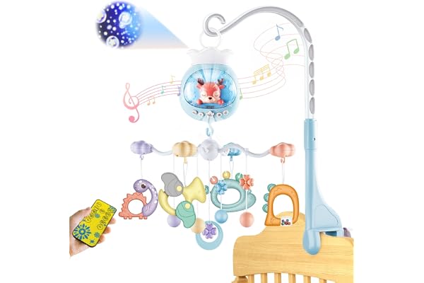 KalaDuck Mobile Musical Lit Bébé, Mobile Lit Bébé Rotatif avec Projection, Fonction de Chronométrage et Hochet Bebe, Mobile Bébé de Berceau pour Garçons Filles 0-12 Mois (Bleu)