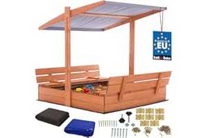 KOTARBAU® Sandpit with Cover, 120 x 120 cm, Large Brown Wooden Sandpit with Grey Roof, Sandpit with Lid, Sandpit with Roof, Garden Toy, Children, Impregnated, Lockable with Benches