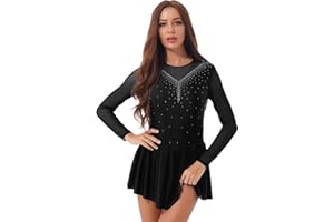 IEFIEL Vestido de Danza Patinaje Hielo para Mujer Manga Larga Maillot de Ballet Gimnasia con Falda Tul Vestido de Bailarina Ballet S-XXL