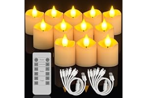 SoulBay 12 sztuk świeczek typu tealight LED do ponownego ładowania, migoczące, z pilotem zdalnego sterowania i timerem, ładowalne świeczki LED typu tealight z kablem USB, na imprezę, do salonu, na
