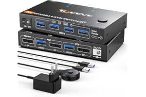 YOUTINGHDAV Commutateur KVM 2 Ordinateurs 1 Moniteur DisplayPort 8K@60Hz/4K@240 Hz, Switch KVM USB 3.0 DisplayPort 2.1 pour 2 PC, partage de 4 périphériques USB, clavier, souris