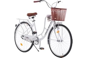 BSTSEL 26Inch Wheel Womens Ladies White Bike & Basket 16" Frame Vintage Bike, 7 Speed Gears Classic Retro Bicycle, Dutch Bicycle City Bike for Work