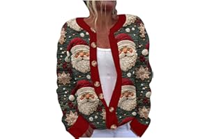GENERIC Christmas Cardigan Sweaters for Women Vintage Funny Xmas Printed Knit Coat Cute Button Long Sleeve Fall Winter Jackets Christmas Women's V-Neck Cardigans Casual Knitted Sweater Printed Cardigan