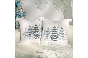 Lewondr Throw Pillow Cover, 18x18 Inch Set of 2 Double-Sided Luxury Soft Faux Fur Decorative Pillow Cover with Plush Ball Cute Embroidered Cedarwood Throw Pillow Case for Bed Home Decor Living Room