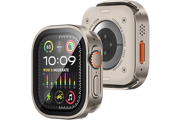 Amizee rak kant metallfodral för Apple Watch Ultra 4 (2026) 49 mm, Titan | Fodral kompatibelt med Apple Watch Ultra 4/3/2/1 49 mm, inbyggt skärmskydd, ultratunt med skyddsfodral på baksidan