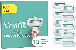 Gillette Venus Pro Smooth Sensitive Recambios Para Maquinilla De Mujer, Pack De 10 Cuchillas De Recambio Con 5 Hojas y Banda Lubricante