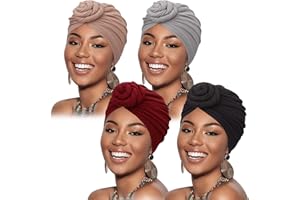 DRESHOW 4 Stücke Afrikanischen Turban für Damen Soft Vorgebunden Knot Mode Plissee Turban Hut Mütze Kopfwickel Schlafmütze