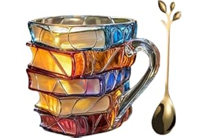 Generico Tazza originale con pila di libri per lettori - Tazza da caffè in vetro con design vintage a forma di libro dipinta a mano | Regalo per bibliotecari e autori