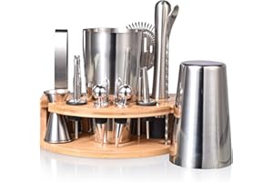 Quilamix 12-teiliges Cocktail Shaker Set mit Bambusständer, 600ml/750ml Edelstahl-Barkeeper-Set für Mixgetränke, Geschenk für Freunde, Männer, Frauen, mit Rezeptheft (Edelstahl)