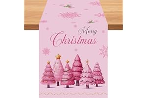 Froova Pink Christmas Table Runner Merry Christmas Decorations 13x72 Inch Xmas Tree & Snowflake Table Runner Winter Holiday Kitchen Seasonal Dining Table Line for Festive Party Home Table Decor