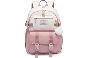 LOVEVOOK Schulrucksack Teenager Mädchen 10-18 Jahre, Rucksack Damen mit Großem Flaschenfach, Multi-Tasche Schulranzen Schultasche, Wasserdicht School Bag 15,6 Zoll Laptop für Schule Uni, Pink Beige