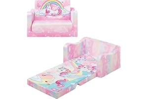 alldomess Convertible Sofa para Niños 2 en 1, Suave Cómoda Sofa Infantil para Niñas y Niños, Estable Silla Plegable Niño para Dormitorio Sala de Juegos,Rosa Unicornio