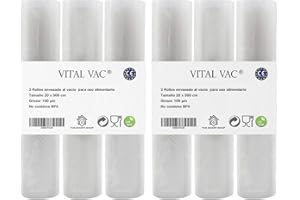 VITAL VAC Pack de 6 Rollos Gofrados de 5 metros x 20cm de alto | Para Envasadora al Vacío Doméstica | Envasado al Vacío de Alimentos Sous Vide | Compatibles con Silvercrest, Foodsaver, Jata, Cecotec