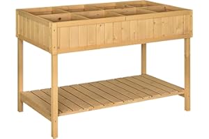Outsunny Jardinière sur Pieds carré Potager avec étagère dim. 110L x 46l x 76H cm 8 Compartiments & Inserts d'irrigation Bois de Sapin