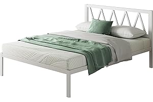 ‎NOVILLA Novilla Metallbett 180x200 cm mit Lattenrost Metallrahmenbett Bettgestell mit Kopfteil-Design Ehebett Gästebett Weiß