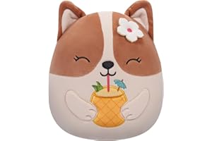 Squishmallows Original 7.5-Inch - Regina the Brown and White Corgi with Pineapple Drink and Flower
