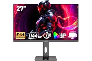 Gawfolk Écran PC 27 Pouces IPS, Moniteur de Jeu 4K UHD 144Hz, 1ms, FreeSync, 128%sRGB, Grand Angle de Vision de 178°, HDMI 2.1, DisplayPort, réglable en Hauteur et pivotant, VESA 75 * 75mm - Noir