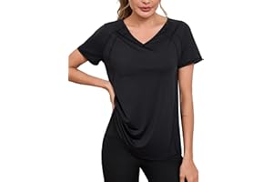 Wayleb Camiseta Deportiva Manga Corta Mujer Camisetas Deporte Cuello en V Fitness Yoga Top Transpirable y Secado Rápido Ropa Entrenamiento Atlético S-3XL