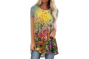 MRAT Womens Tops Long Tops to Wear with Leggings Round Neck Short Sleeve Tops Leaf Print T-Shirt Longline Tops Oversized Tees Summer Smock Shirt Blouse Womens Casual T Shirts Tunic Tops Sale