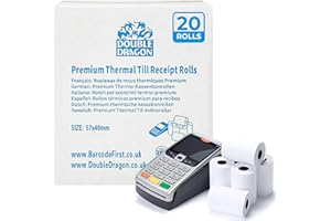 Double Dragon, 20 Rolls, 57 x 40mm Thermal Receipt Paper, Till Rolls for Credit Card Machines & PDQ Terminals, Compatible with Ingenico, Verifone, Barclays, Pax, Worldpay, Sagem, Spire | BPA-Free