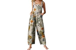 Acrawnni Women's Dungarees Vintage Floral Printed Loose Casual Baggy Sleeveless Overall Long Jumpsuit Playsuit Trousers Pants Romper