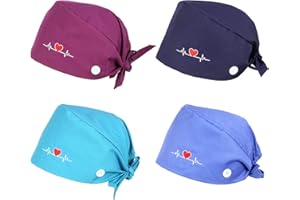 QINREN 4pcs Scrub Caps with Buttons, Adjustable Bouffant Turban Caps Working Caps Bouffant Hair Cover Cotton Printed Soft Caps Sweatband Hat Tie Back Caps with Sweatband for Women Men