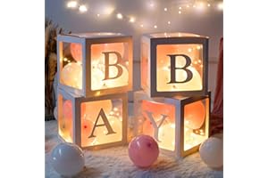 PATIMATE 71Pcs Baby Shower Balloon Box for Boy Girl, 4 String Lights, 4 Transparent Balloon Boxes Block with 33 Letter(ONE+BABY+A-Z), 30 Party Balloon(Pink&White) Baby Box for Baby Shower Birthday Party Décor