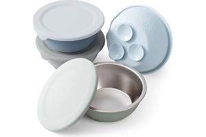Moonkie babyskålar i rostfritt stål med silikonlock och sugkopp, rostfria skålar för barn med silikonfodral, diskmaskinssäkra (isblå/salvia-grön/stengrå/dimgrå)