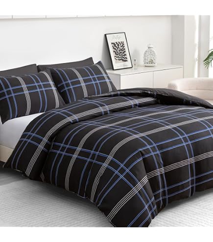 GC GAVENO CAVAILIA Set Biancheria Letto Matrimoniale Blu A Quadri - Copripiumino Reversibile 3 Pezzi In Poliestere - 2