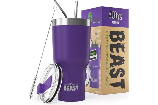 Beast Tumbler – 1050 ml (40 oz), Violet profond | Gobelet isotherme en acier inoxydable réutilisable | Avec 2 pailles et brosse de nettoyage | Double paroi, idéal pour café chaud ou glacé | Sans BPA