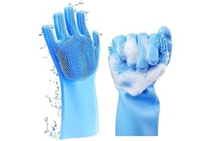 Louis Donné Silikon-Reinigungs-Geschirrhandschuhe Mit Bürste, Wiederverwendbare Haushaltshandschuhe Mit Magischer Bürste, Massagebad Für Haustiere, Autowaschhandschuhe, Blau