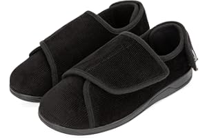 HomeTop Men's Corduroy Slippers Comfy Adjustable Hook and Loop Memory Foam Wide Indoor House Shoes for Diabetic Swollen Feet