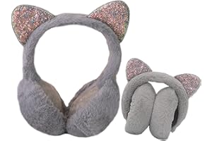 IEASEY Foldable Kids Plush Winter Earmuffs Cat Ears Inspired Girls Faux Fur Ear Warmer Boys Soft Cushioned Warm Ear Muffs Fleece Earflaps Cold Weather Ears Protector Kids Ski Snow Ear Covers Xmas Gift