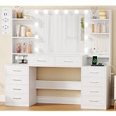 BEWISHOME 150 cm Makeup Vanity with LED Light and Sockets, White | Adjustable Brightness, Dressing Table with Jewel Mirror, D